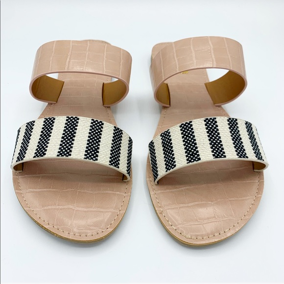 Chic Nude Knit Double Strap Sandals Black & White Stripes Casual Flat Slides - Picture 2 of 8